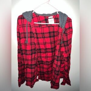 American Eagle Black and Red Hooded Flannel Button Up